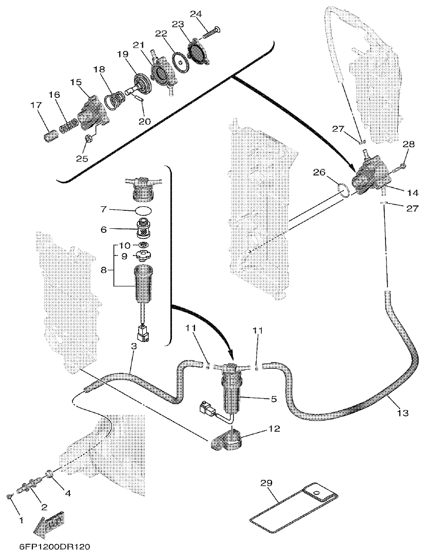 Yamaha F80DET, F90CET, F100FET FUEL 1 parts diagram